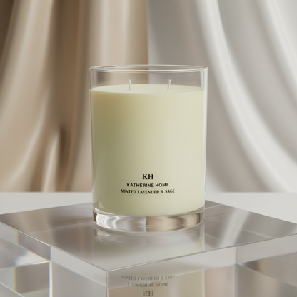 Minted Lavender & Sage hand-poured soy candle with sea salt, lavender, and driftwood scent. Lasts up to 65 hours.