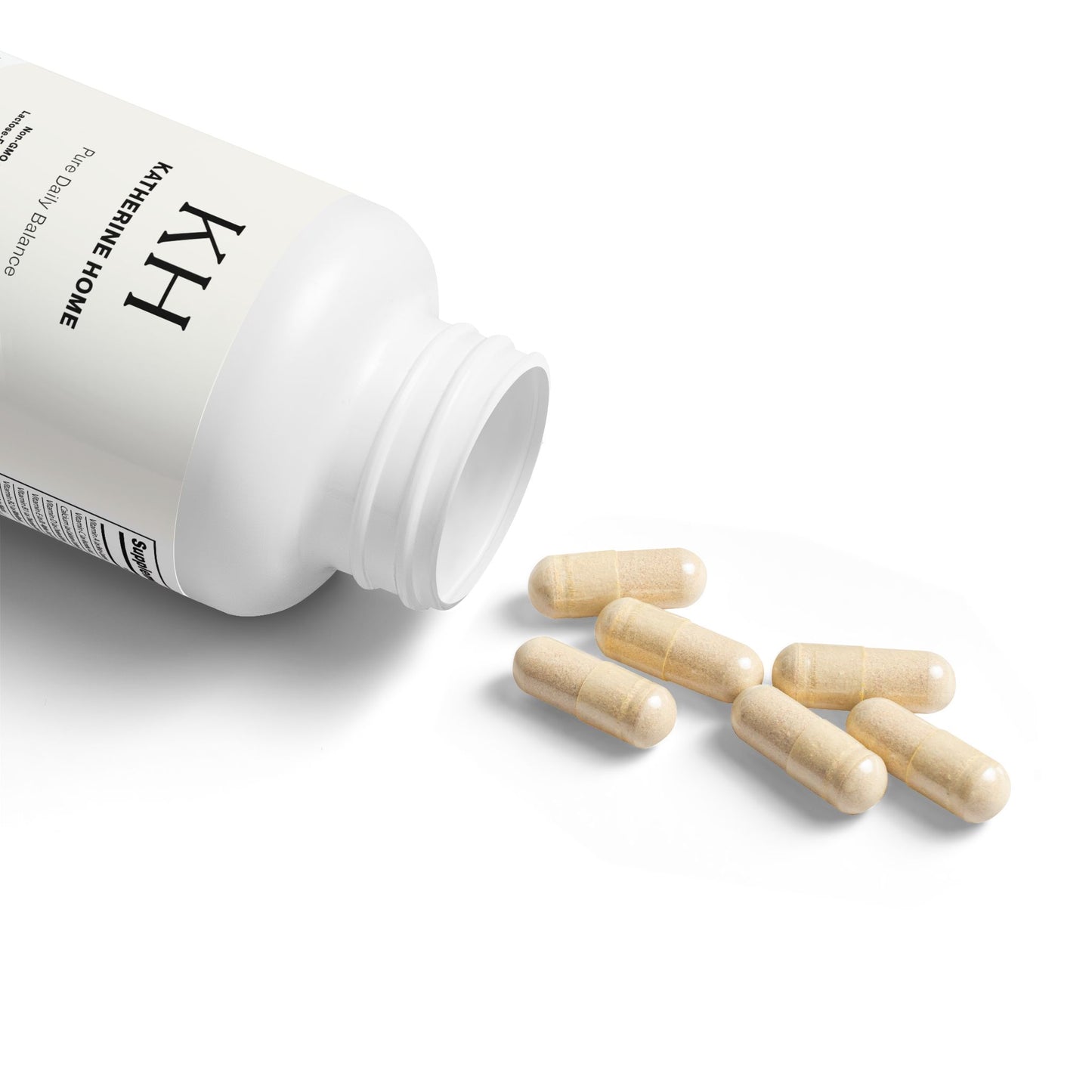 Open bottle of Katherine Home Multivitamin for Women showing vegetable capsules spilling out, photographed on a white background.