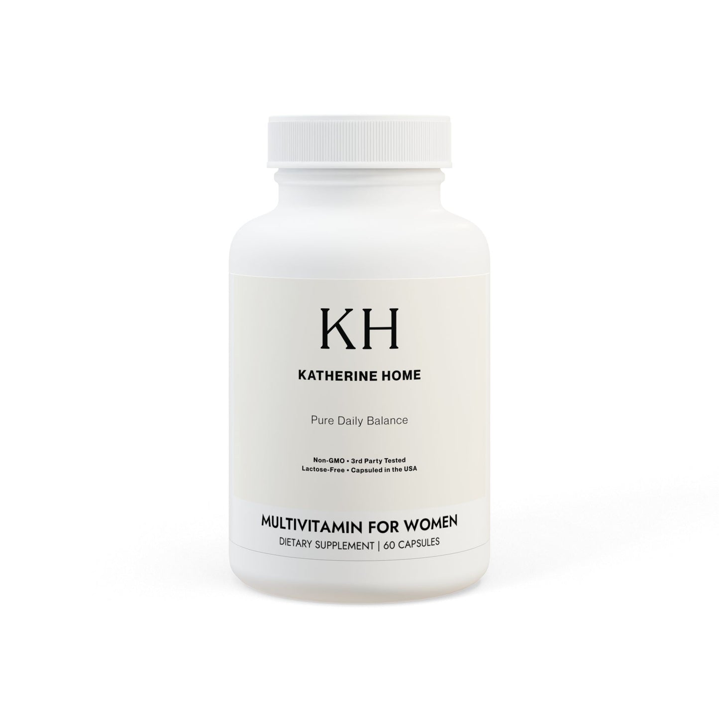 Katherine Home Multivitamin for Women, premium daily supplement in white minimalist bottle, formulated to support energy, beauty, and women’s overall health.