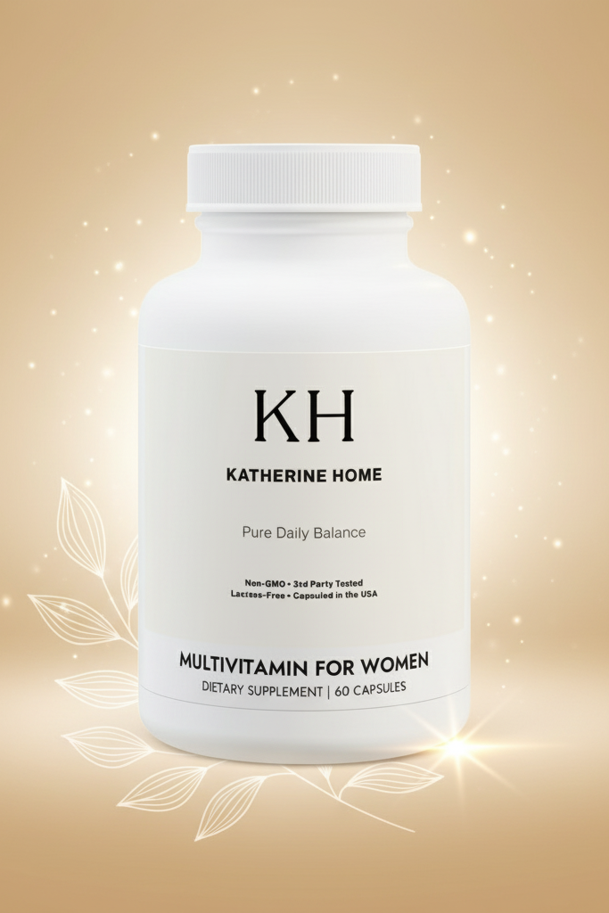White supplement bottle labeled 'KH Katherine Home' on a gold background