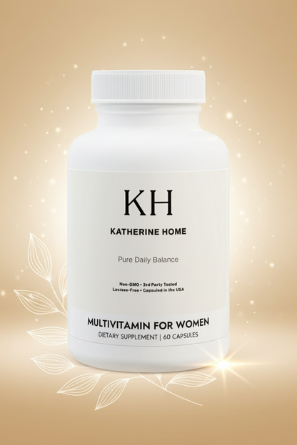 White supplement bottle labeled 'KH Katherine Home' on a gold background