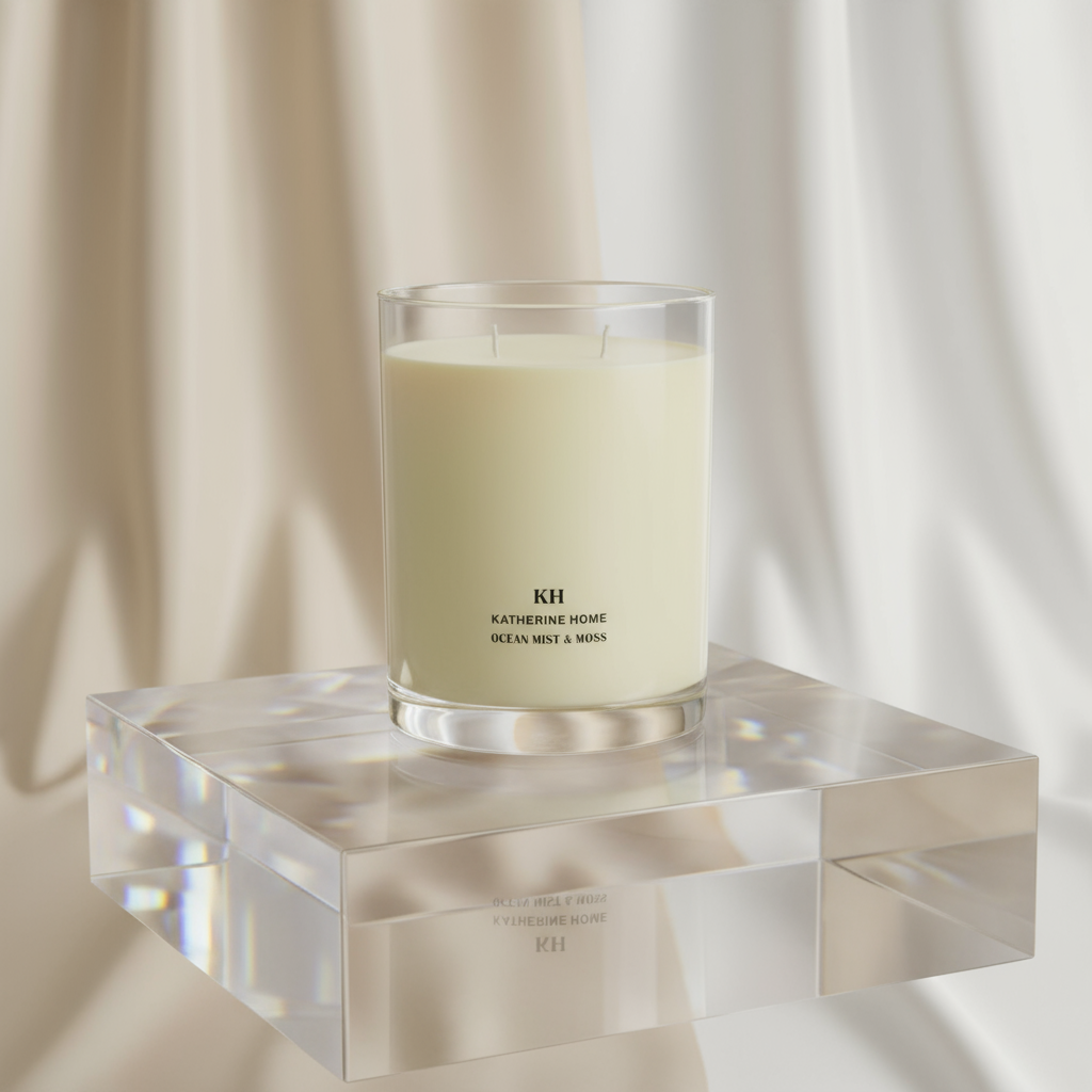 Ocean Mist & Moss Scented Candle on a glass stand, evoking coastal freshness and modern elegance.