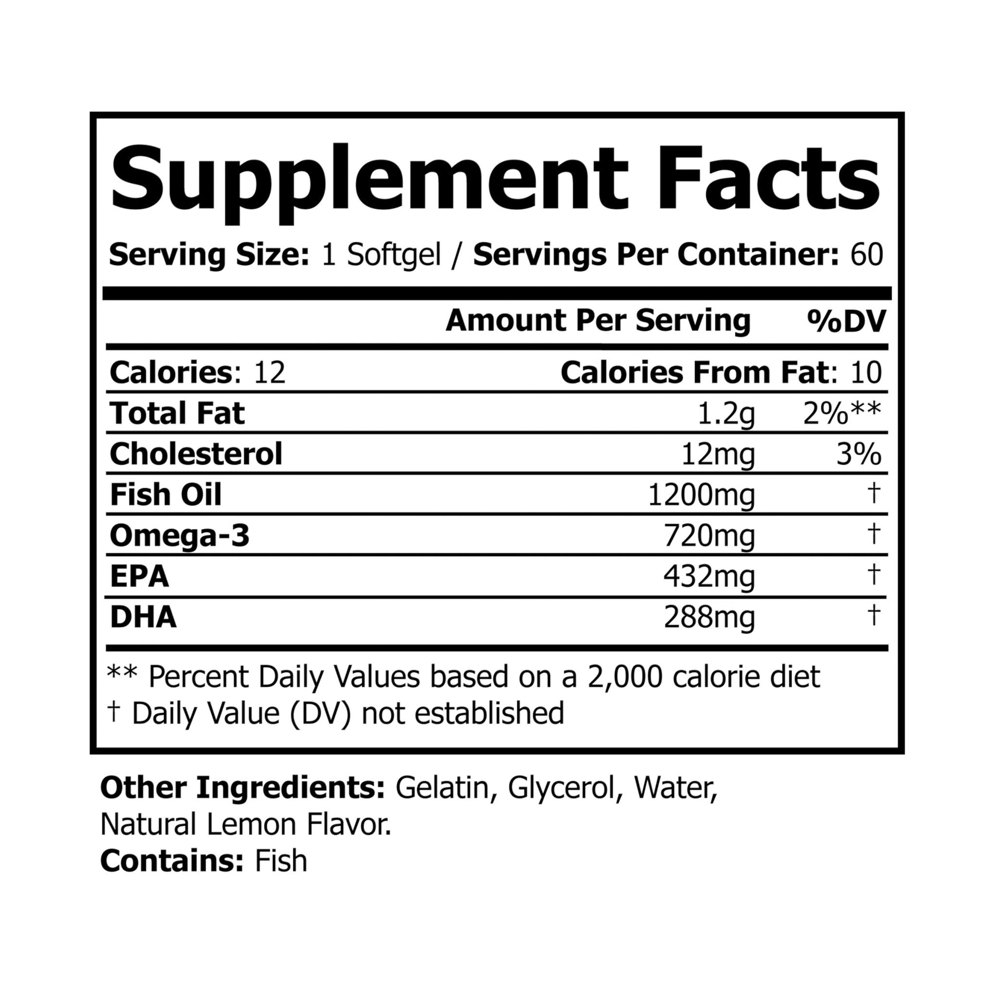 Supplement Facts label for Katherine Home Omega 3 Fish Oil Supplement showing Fish Oil 1200mg, Omega-3 720mg, EPA 432mg, DHA 288mg per serving.