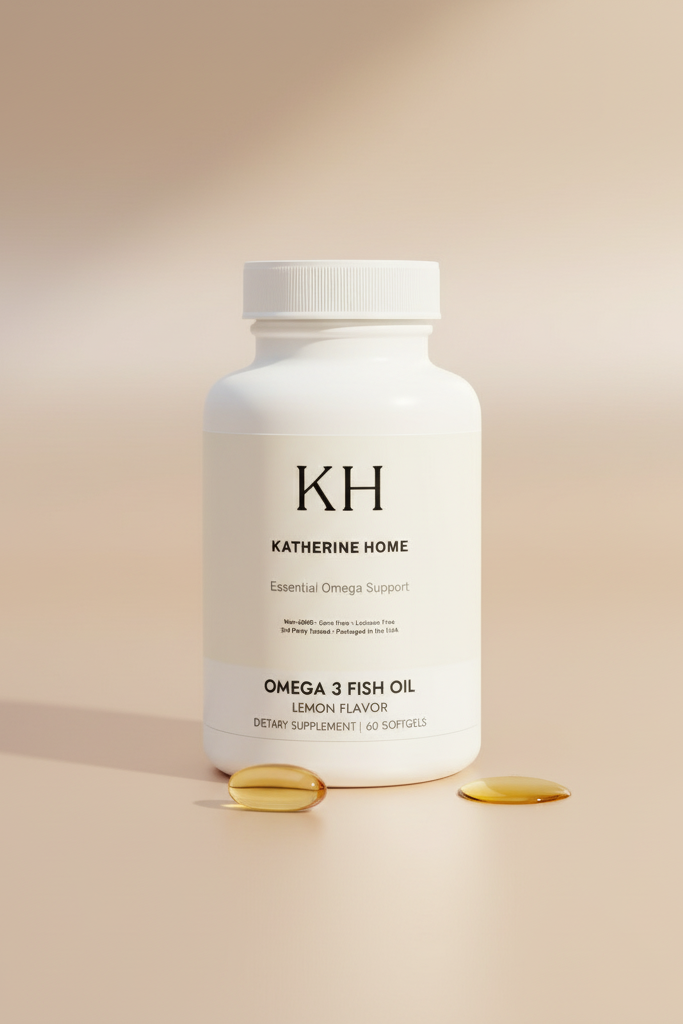 Katherine Home Omega & Fish Oil supplement bottle on a beige background