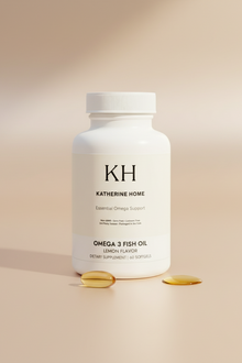 Katherine Home Omega & Fish Oil supplement bottle on a beige background