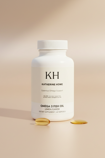 Katherine Home Omega & Fish Oil supplement bottle on a beige background