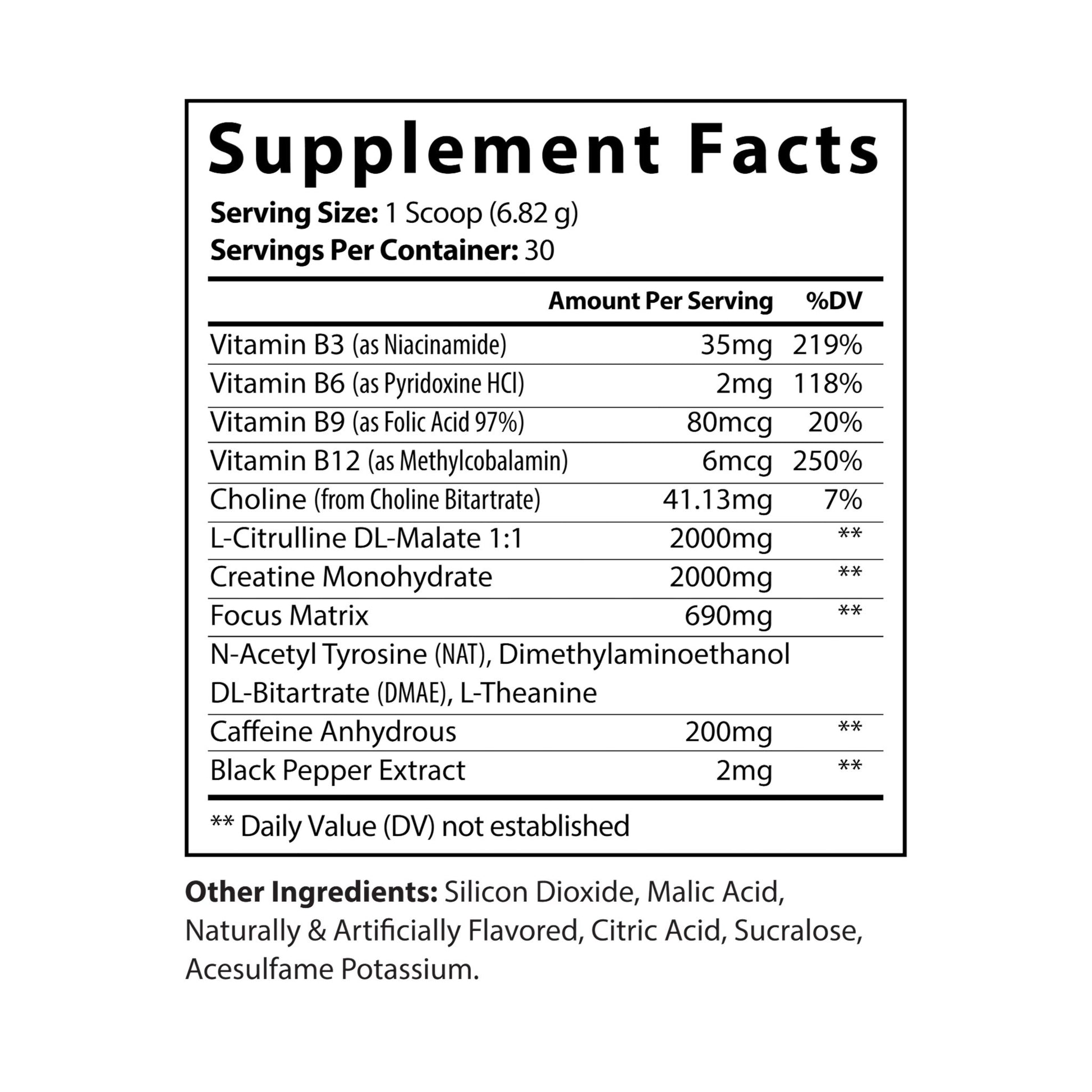 Supplement Facts label for Katherine Home Pre-Workout Supplement showing vitamins B3, B6, B9, and B12, along with Creatine Monohydrate, L-Citrulline DL-Malate, and Caffeine content.