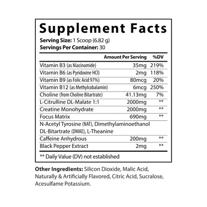 Supplement Facts label for Katherine Home Pre-Workout Supplement showing vitamins B3, B6, B9, and B12, along with Creatine Monohydrate, L-Citrulline DL-Malate, and Caffeine content.