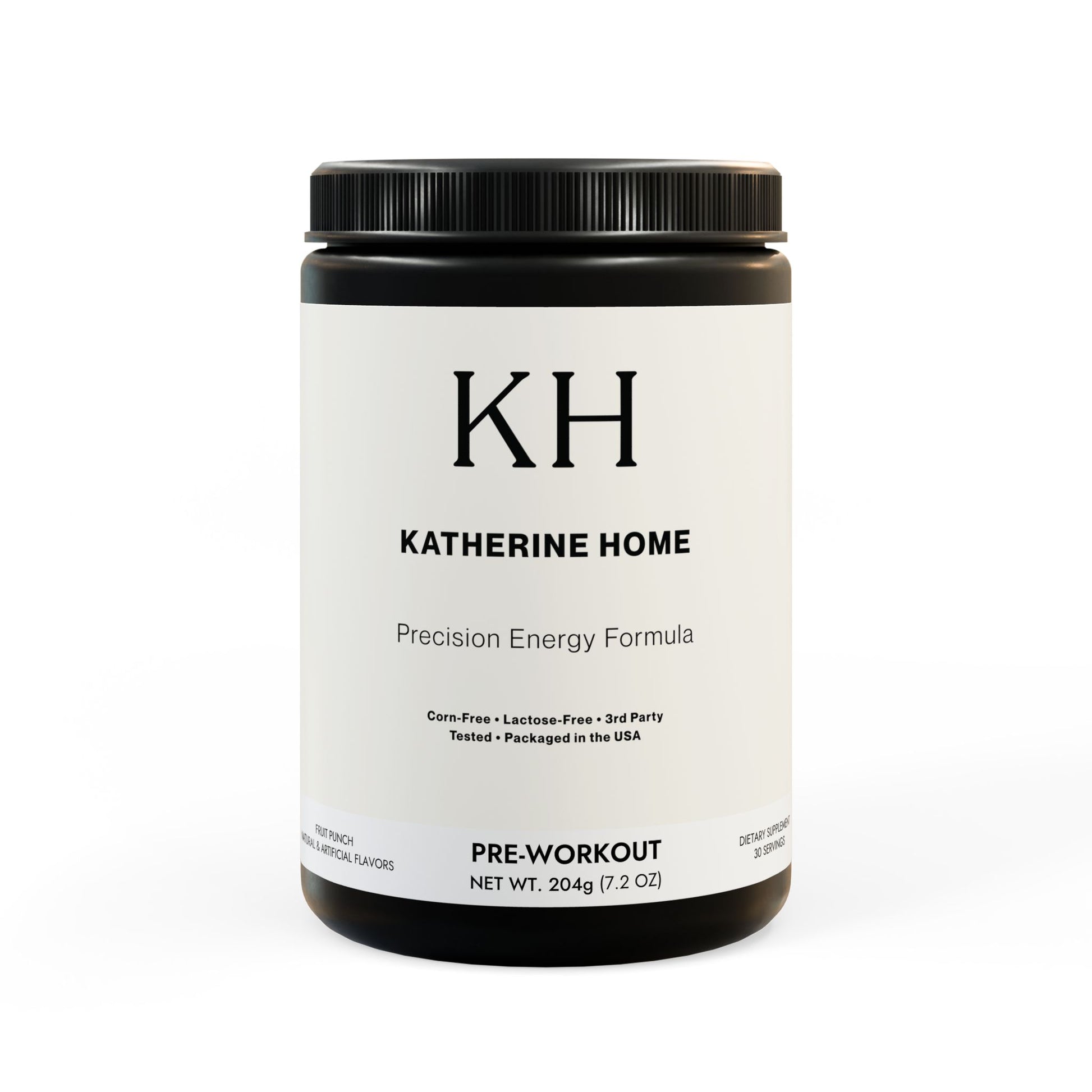 Katherine Home Pre-Workout Supplement in Fruit Punch flavor with minimalist black-and-white label design, featuring Precision Energy Formula tagline.