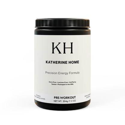 Katherine Home Pre-Workout Supplement in Fruit Punch flavor with minimalist black-and-white label design, featuring Precision Energy Formula tagline.