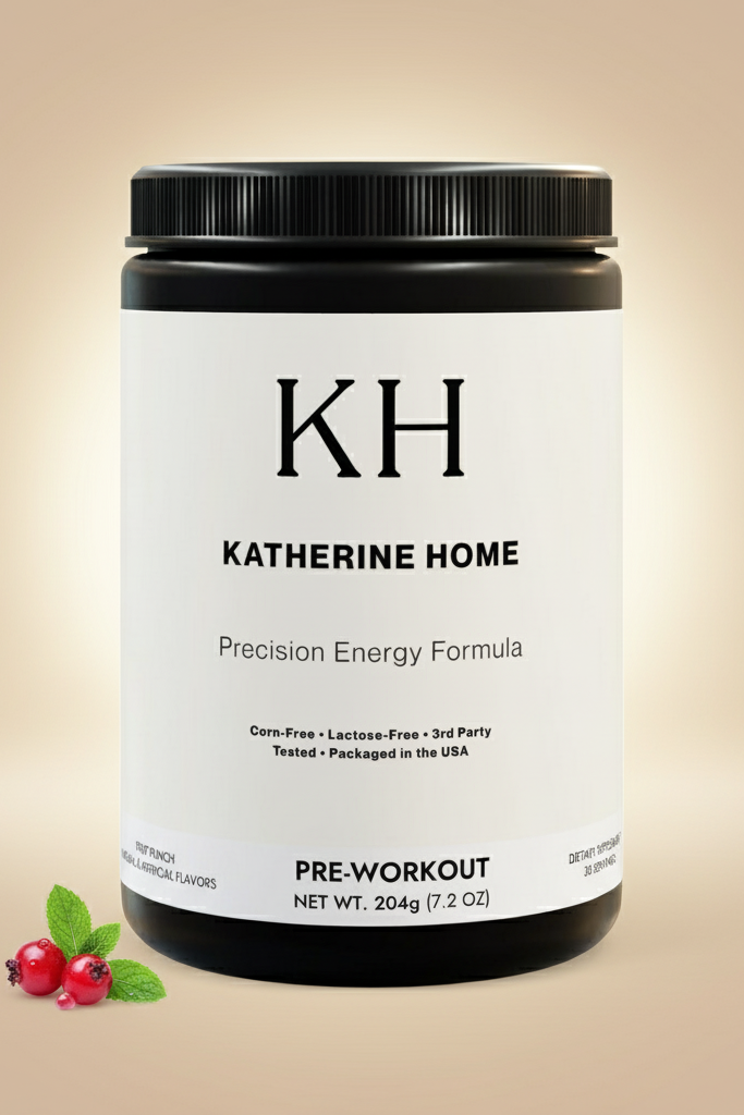 Katherine Home pre-workout supplement container on a beige background