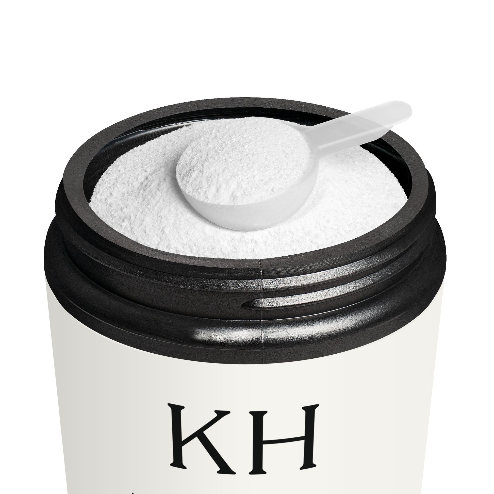Open jar of Katherine Home Pre-Workout Supplement showing powder texture and scoop inside the matte black container.