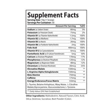 Supplement Facts label for Katherine Home Pre-Workout Watermelon showing B vitamins, minerals, creatine, beta-alanine, caffeine, and endurance matrix.