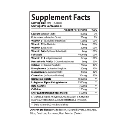 Supplement Facts label for Katherine Home Pre-Workout Watermelon showing B vitamins, minerals, creatine, beta-alanine, caffeine, and endurance matrix.