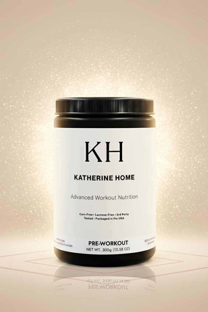 Pre-workout supplement container with 'KH Katherine Home' label on a beige background
