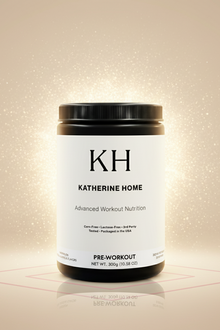 Pre-workout supplement container with 'KH Katherine Home' label on a beige background