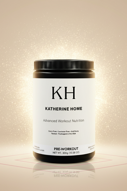 Pre-workout supplement container with 'KH Katherine Home' label on a beige background
