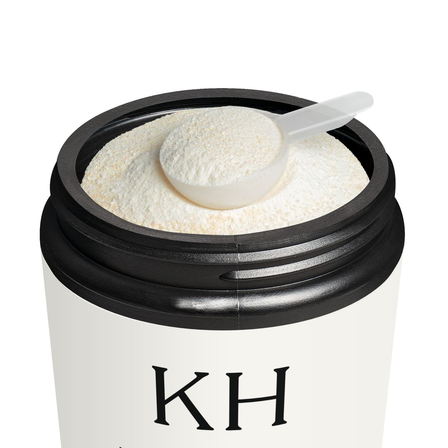 Open jar of Katherine Home Pre-Workout Watermelon showing powder texture with scoop inside matte black container.