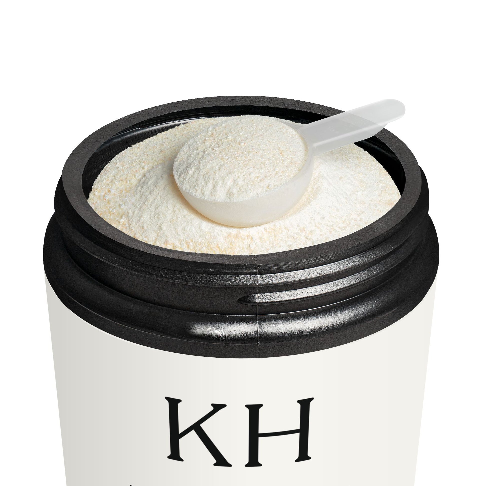 Open jar of Katherine Home Pre-Workout Watermelon showing powder texture with scoop inside matte black container.