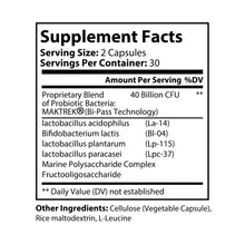 Supplement Facts label for Katherine Home Probiotics showing 40 Billion CFU blend with MAKTREK Bi-Pass Technology, Lactobacillus, and Bifidobacterium strains.