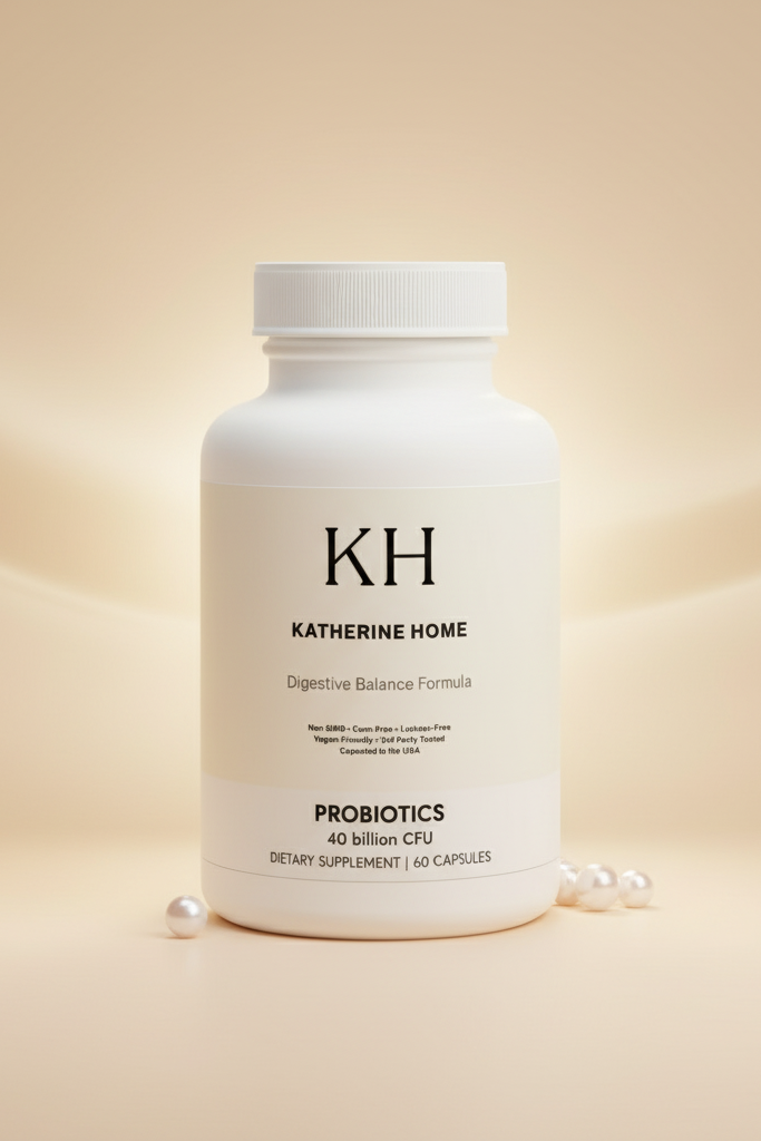 Katherine Home probiotics bottle on a beige background