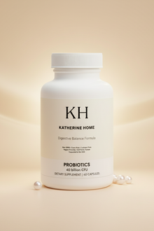 Katherine Home probiotics bottle on a beige background