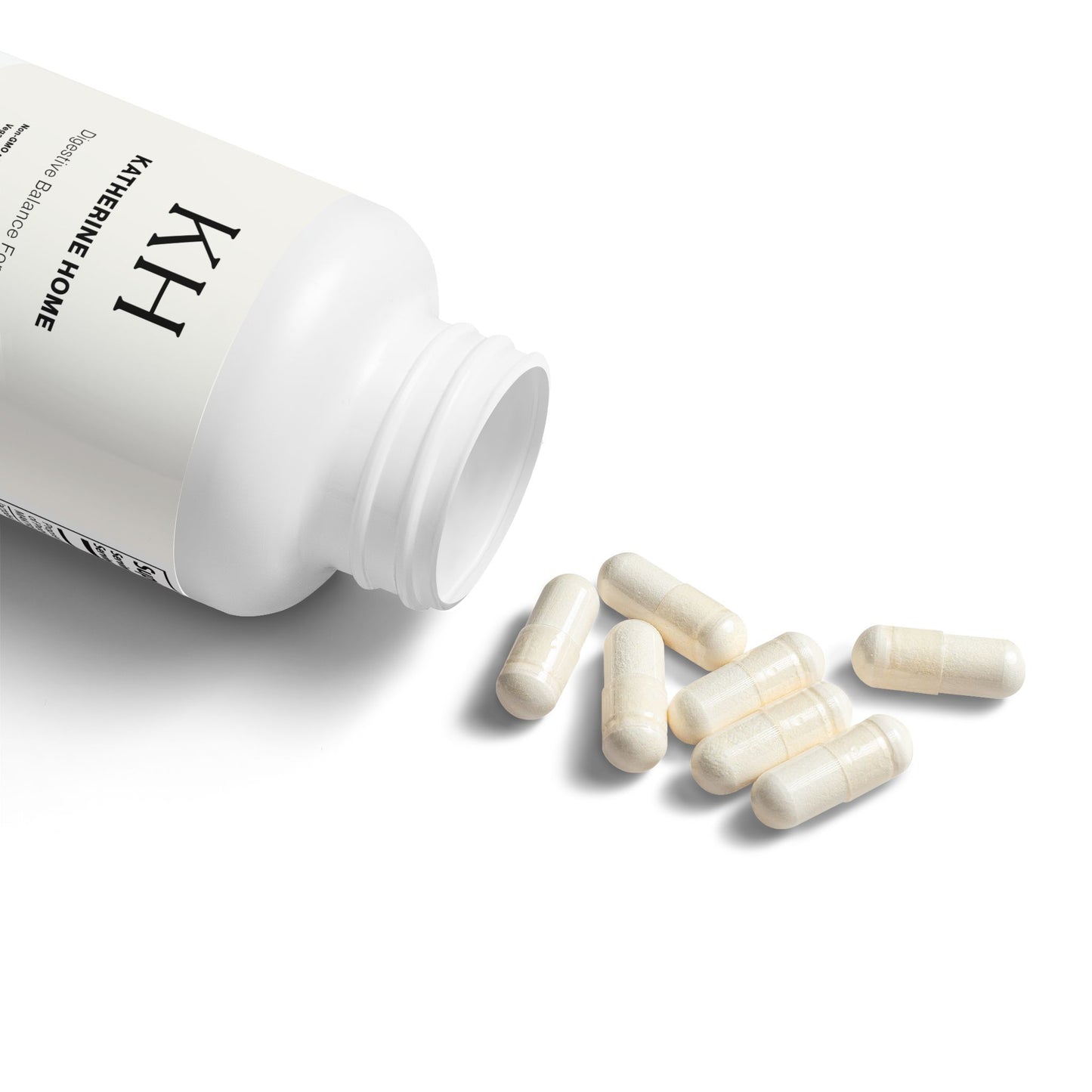 Open bottle of Katherine Home Probiotics Supplement showing vegetable capsules.