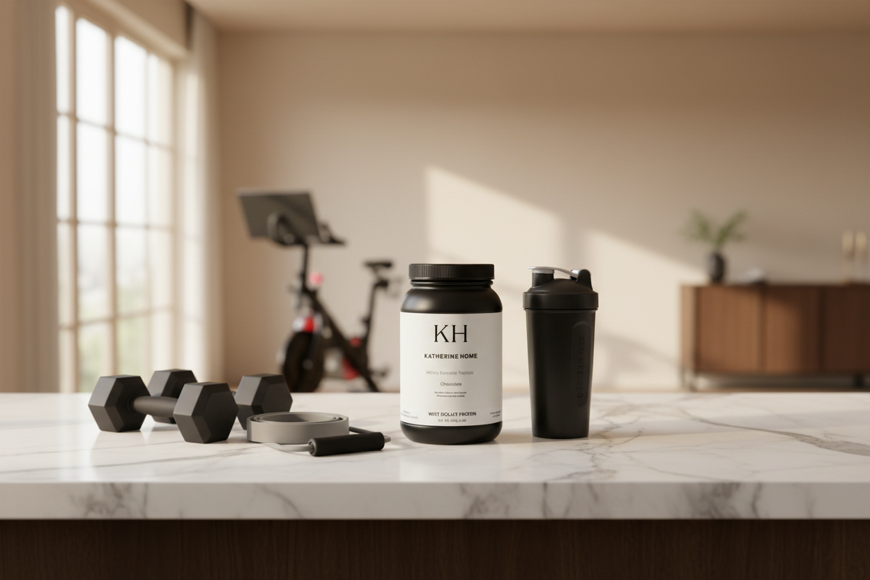 Katherine Home protein supplement with shaker and weights on a modern kitchen counter in a wellness lifestyle setting.