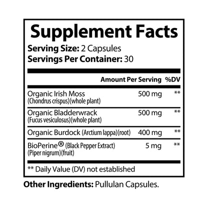 Supplement Facts label for Katherine Home Sea Moss Supplement showing Irish Moss, Bladderwrack, Burdock Root, and BioPerine Black Pepper Extract.