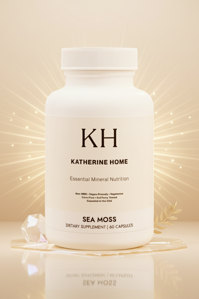Katherine Home Sea Moss dietary supplement bottle on a beige background