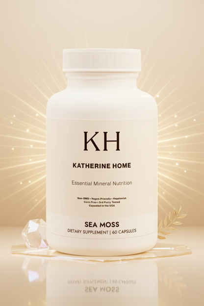 Katherine Home Sea Moss dietary supplement bottle on a beige background