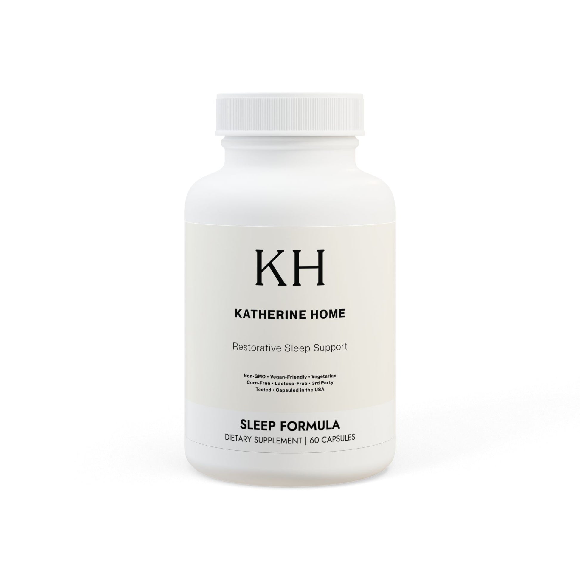 KH Katherine Home Sleep Formula Supplement bottle, minimalist white label design with black typography, Restorative Sleep Support.