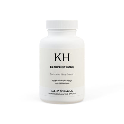 KH Katherine Home Sleep Formula Supplement bottle, minimalist white label design with black typography, Restorative Sleep Support.