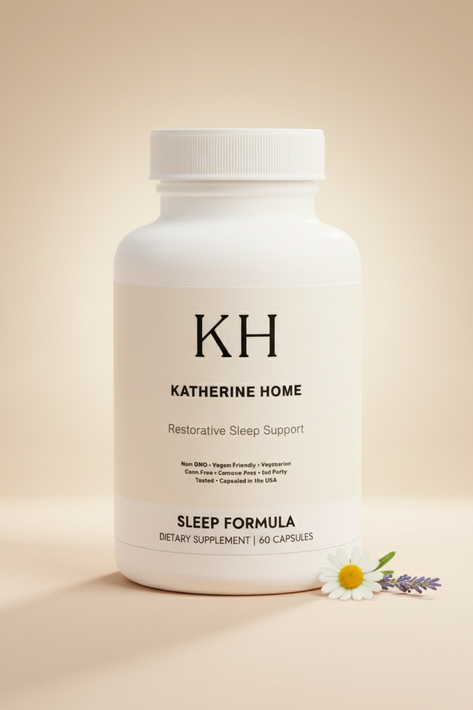 Katherine Home sleep formula supplement bottle on a beige background