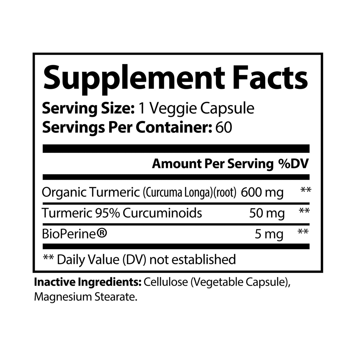 Supplement Facts panel for Katherine Home Turmeric with BioPerine showing serving size, ingredients, and dosage.