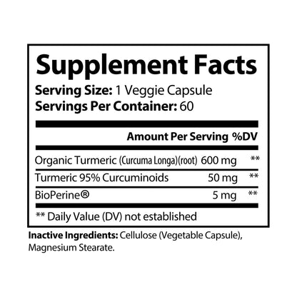 Supplement Facts panel for Katherine Home Turmeric with BioPerine showing serving size, ingredients, and dosage.