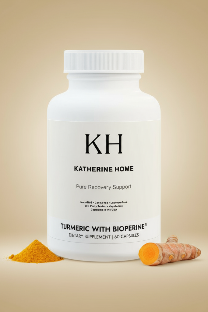 Supplement bottle labeled 'Katherine Home' with turmeric powder and a carrot on a beige background