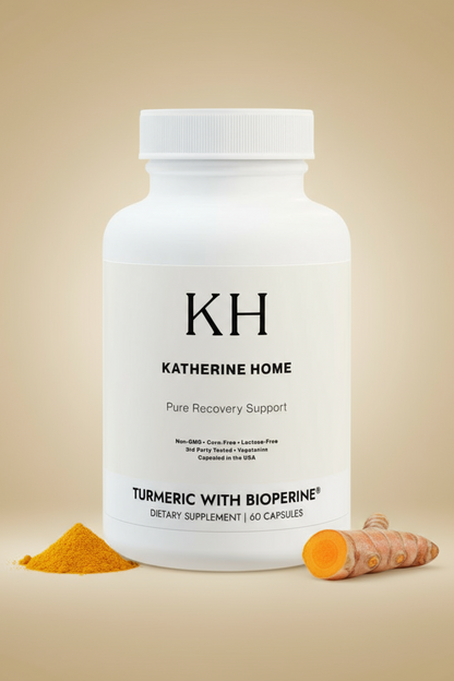 Supplement bottle labeled 'Katherine Home' with turmeric powder and a carrot on a beige background