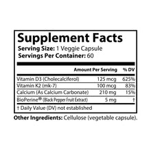 Supplement Facts label for Katherine Home Vitamin K2 + D3 Supplement showing Vitamin D3, Vitamin K2 (MK-7), Calcium, and BioPerine Black Pepper Extract.