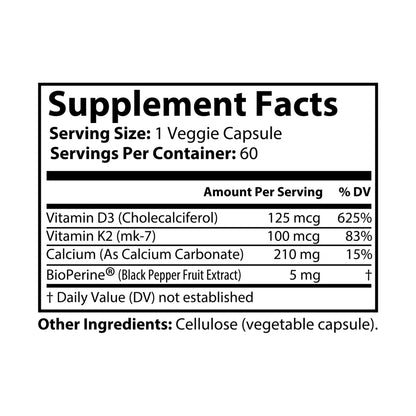 Supplement Facts label for Katherine Home Vitamin K2 + D3 Supplement showing Vitamin D3, Vitamin K2 (MK-7), Calcium, and BioPerine Black Pepper Extract.