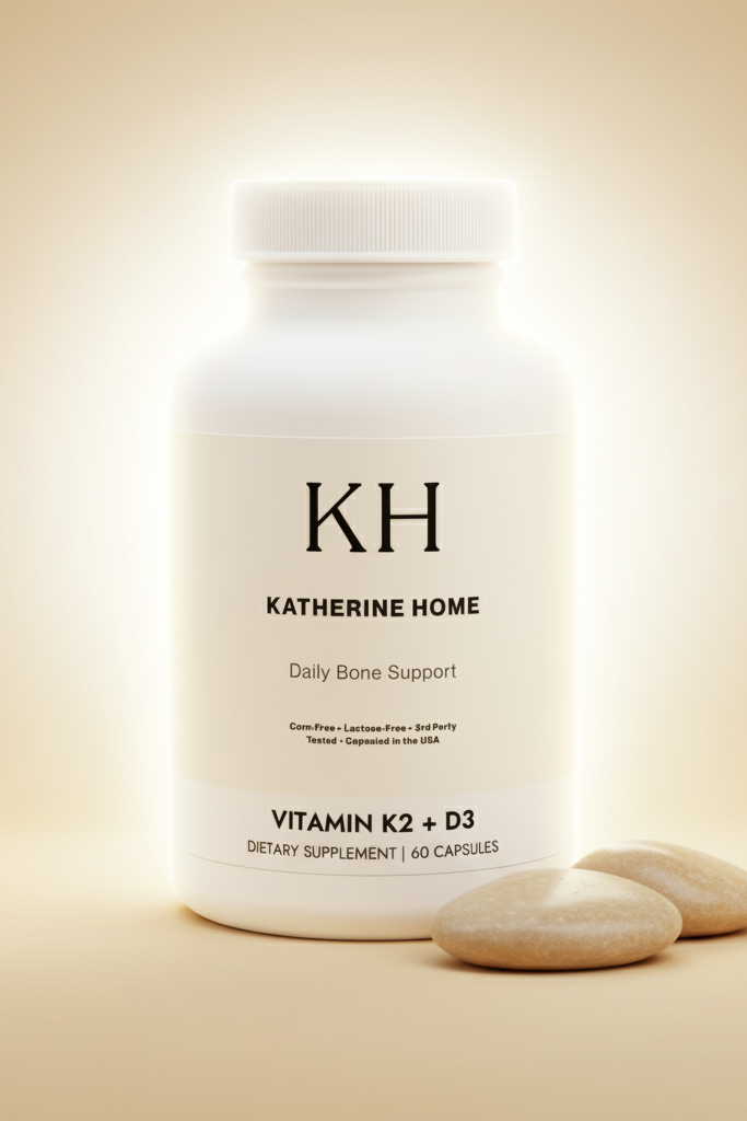 Supplement container labeled 'Katherine Home' with two capsules on a beige background