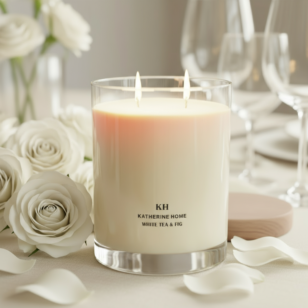 Katherine Home White Tea & Fig Candle styled with white roses and glassware for a bridal and elegant atmosphere.