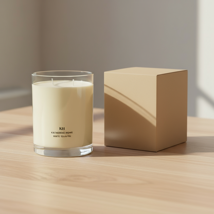 Katherine Home White Tea & Fig Candle next to its eco-friendly box packaging on a wooden surface.