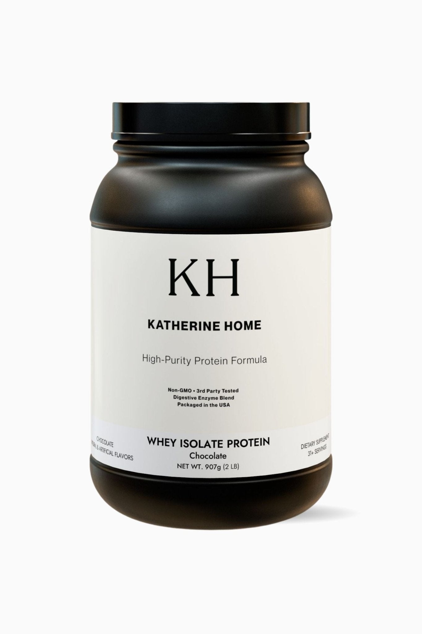 Whey Isolate Protein Supplement (Chocolate) by KATHERINE HOME in a black jar front view