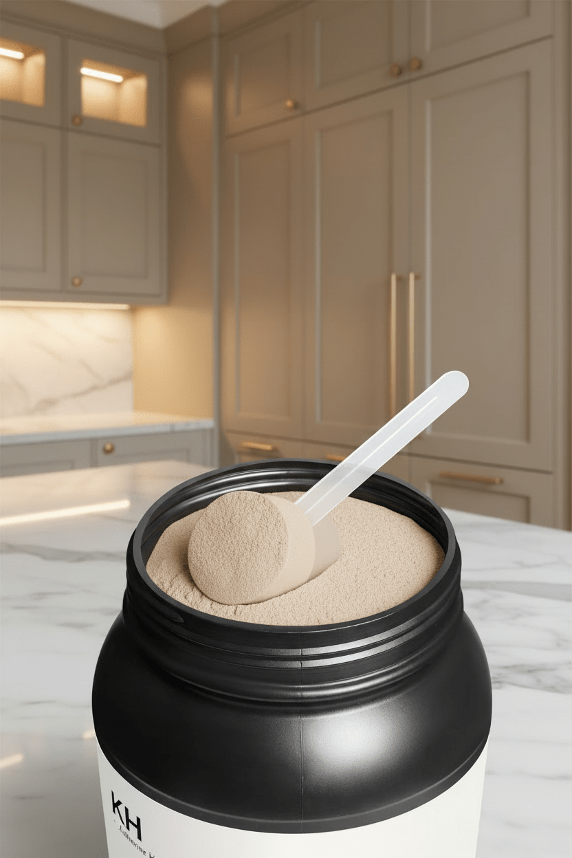 Whey Isolate Protein Supplement (Chocolate) by KATHERINE HOME powder texture with scoop