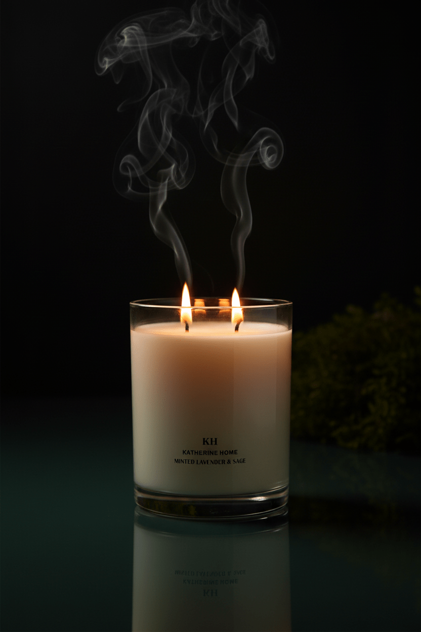 Dramatic dark luxury portrait of Katherine Home Minted Lavender & Sage candle in a calm spa - inspired setting.