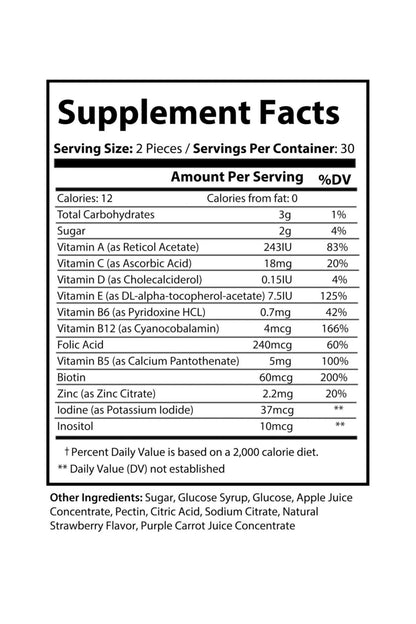Multivitamin Gummies for Adults, Strawberry - KATHERINE HOMEFood SupplementsKATHERINE HOMEKATHERINE HOMESupplement Facts panel for Katherine Home Multivitamin Gummies for Adults supplement.