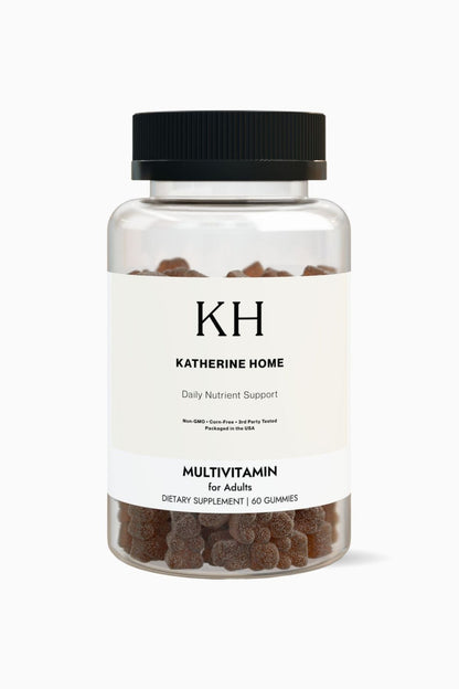 Multivitamin Gummies for Adults, Strawberry - KATHERINE HOMEFood SupplementsKATHERINE HOMEKATHERINE HOMEKatherine Home Multivitamin Gummies for Adults in strawberry flavor, supplement container, clean minimalist product hero image.
