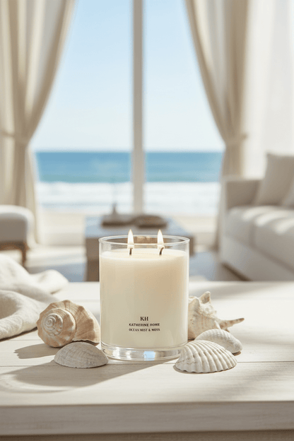 Ocean Mist & Moss candle styled in a coastal interior setting.