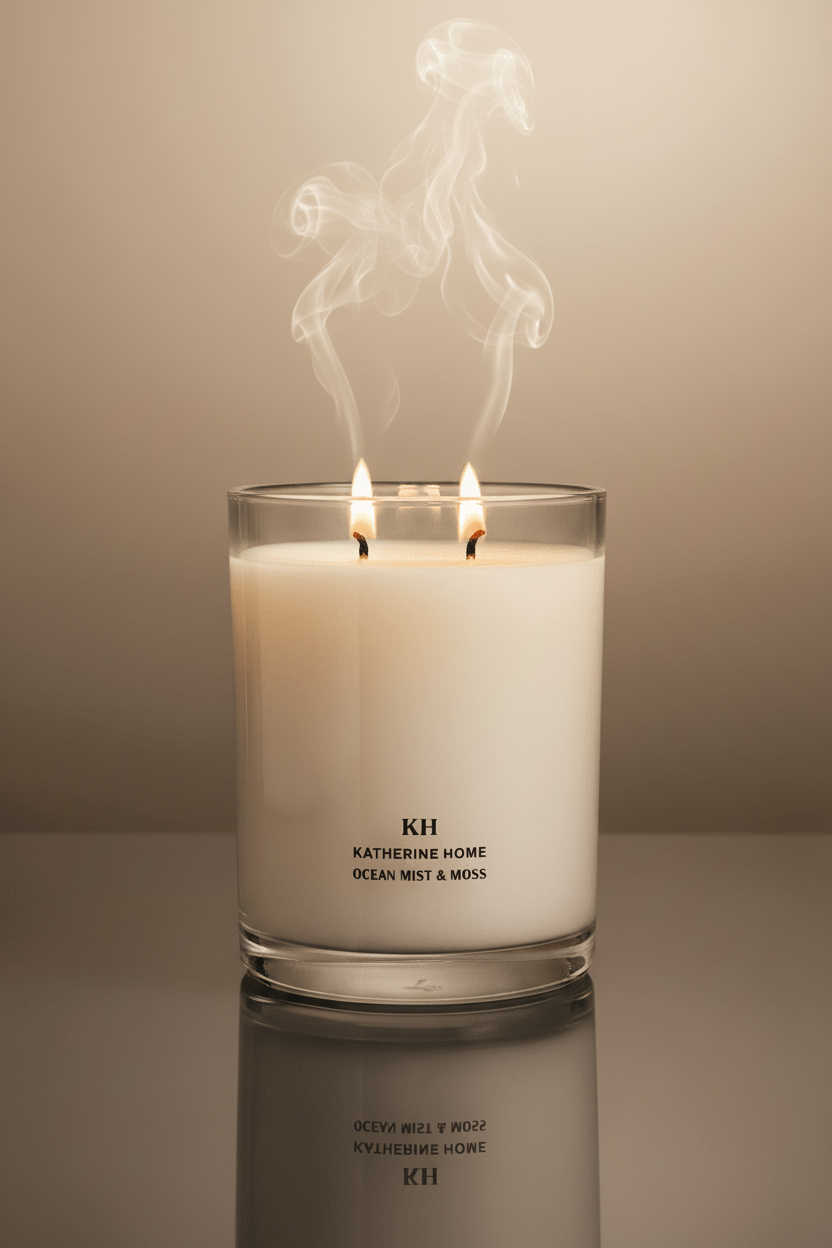 Ocean Mist & Moss candle burning with soft smoke by Katherine Home.